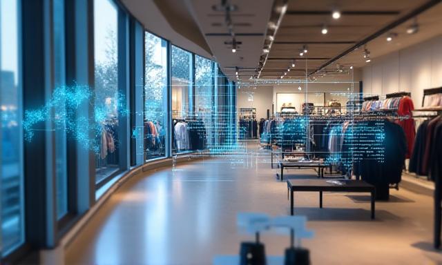Modern retail environment with digital overlays showing data analytics